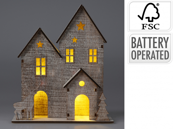 Scena in legno con led, lunghezza 15 cm, altezza 18 cm