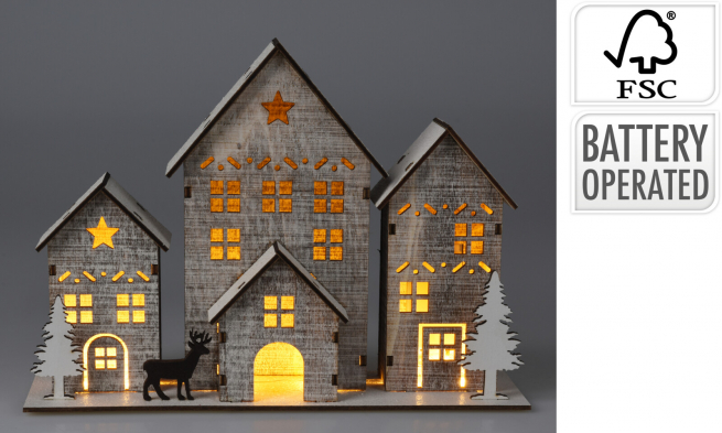 Scena in legno con led, lunghezza 25 cm, altezza 18 cm