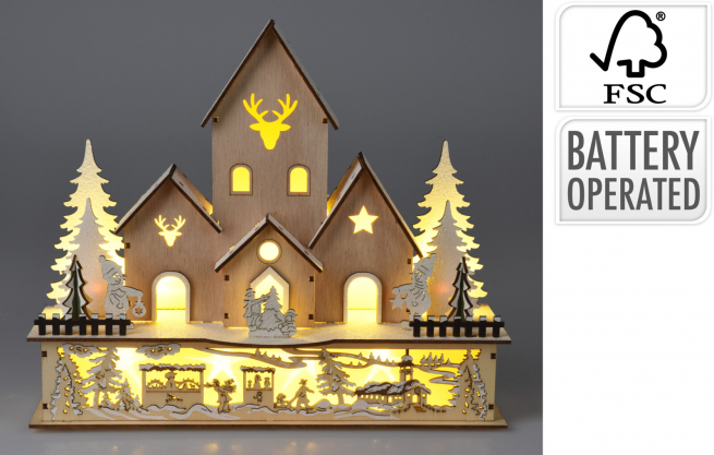 Casa natalizia in legno con led, altezza 25 cm