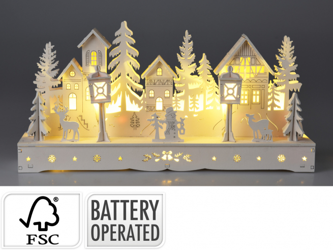 Scena natalizia in legno bianco con led, lunghezza 30 cm, altezza 14 cm