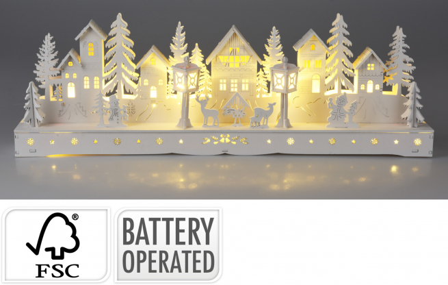 Scena natalizia in legno bianco con led, lunghezza 45 cm