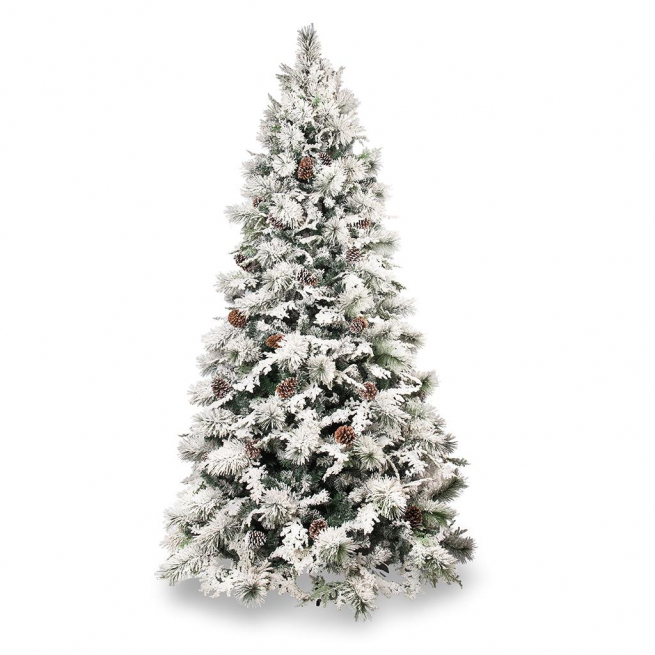 Pino "Chamonix" verde innevato con pigne, altezza 210 cm, diametro base 132 cm