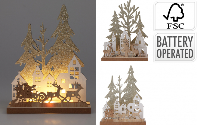 Scena natalizia in legno con led, altezza 15 cm, modelli assortiti