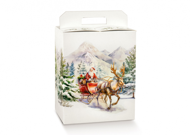 Scatola per confezioni regalo in cartone fantasia "Paesaggio Innevato" con maniglia superiore esterna, vari formati