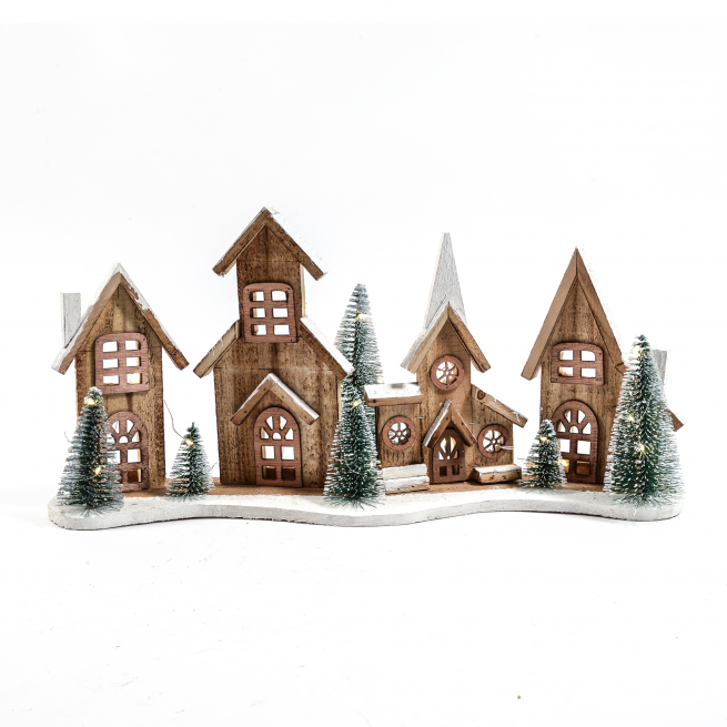 Paesaggio in legno con alberi e luci, 12x55 cm, altezza 28 cm