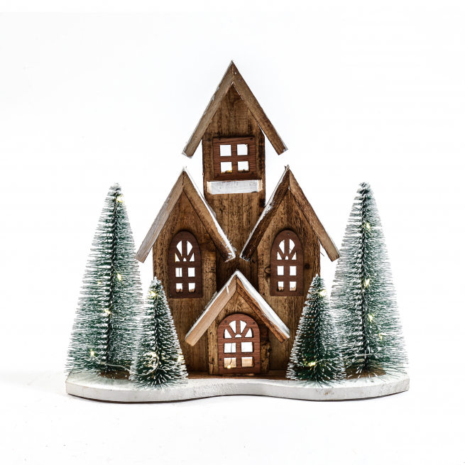 Paesaggio in legno con alberi e luci, 9x33 cm, altezza 30 cm