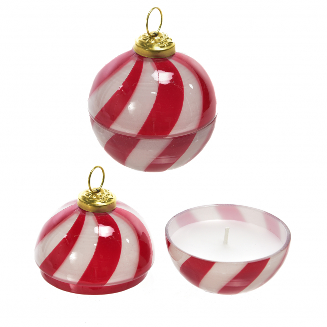 Sfera di vetro bianco e rosso da appendere con candela profumata, diametro 8 cm