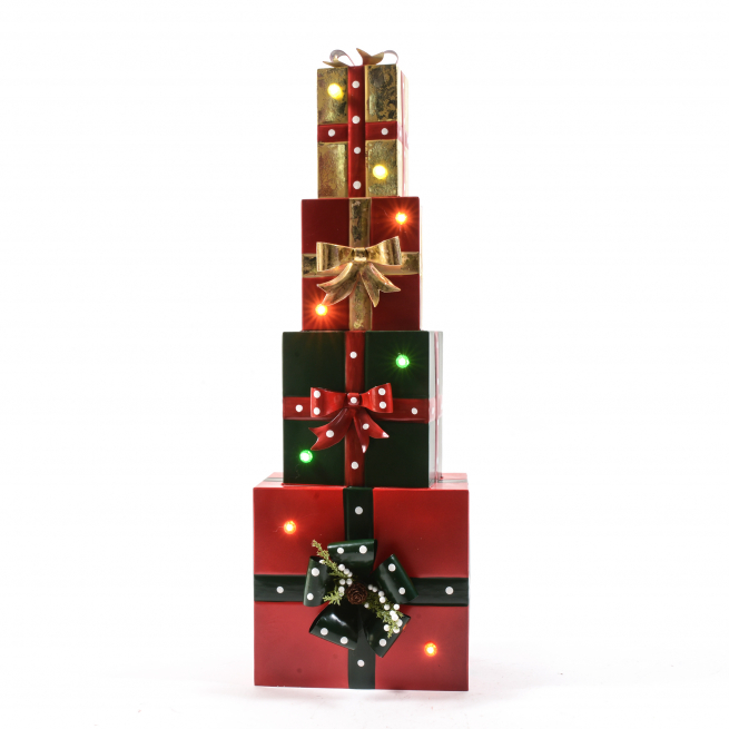 Set pacchi natalizi in metallo con luci led, 18x24 cm, altezza 72 cm