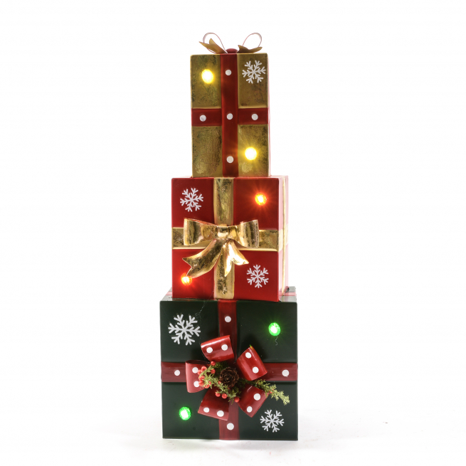 Set pacchi natalizi in metallo con luci led, 15x17 cm, altezza 49 cm