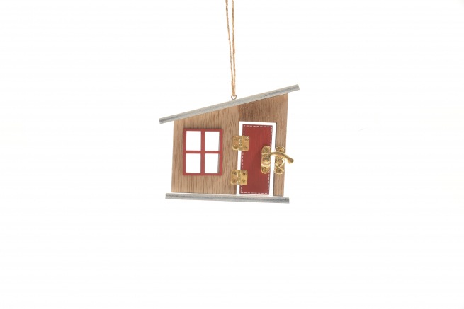 Casa natalizia con base in legno da appendere, altezza 9.5 cm