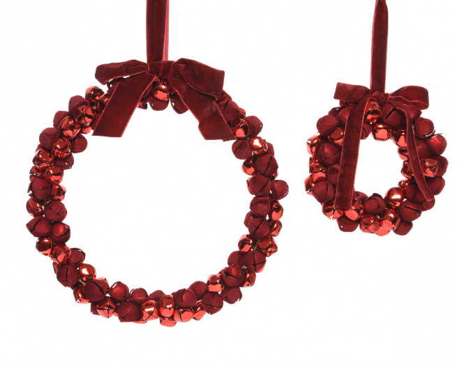 Corona da appendere con campanelle in metallo rosso, diametro 29 cm