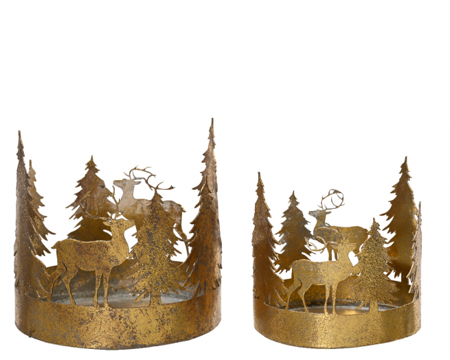 Portacandela in metallo oro antichizzato con alberi e renne, altezza 8 cm