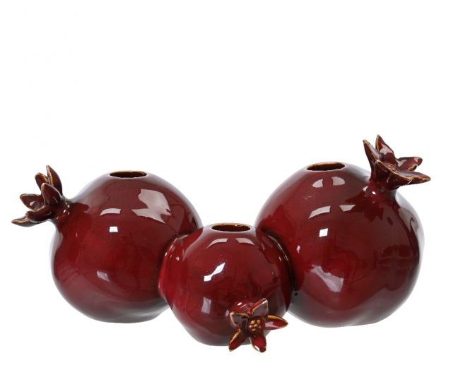 Portacandela in ceramica a 3 posti a forma di melograno rosso, altezza 12.4 cm