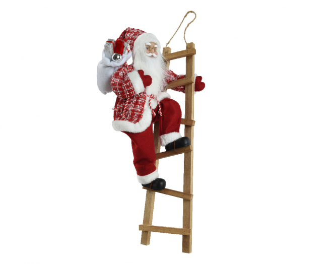 Babbo Natale con doni su scala in legno, 22x24 cm, altezza 65 cm