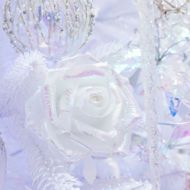 Rosa trasparente iridiscente su clip, altezza 8 cm