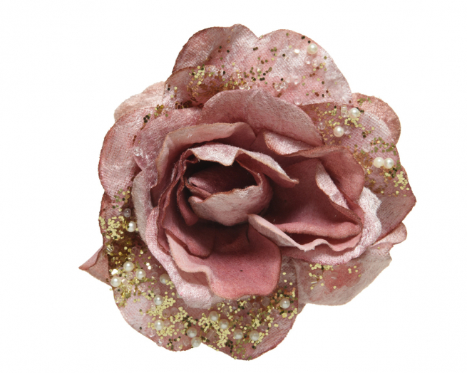 Rosa in velluto rosa su clip con glitter, diametro 13 cm