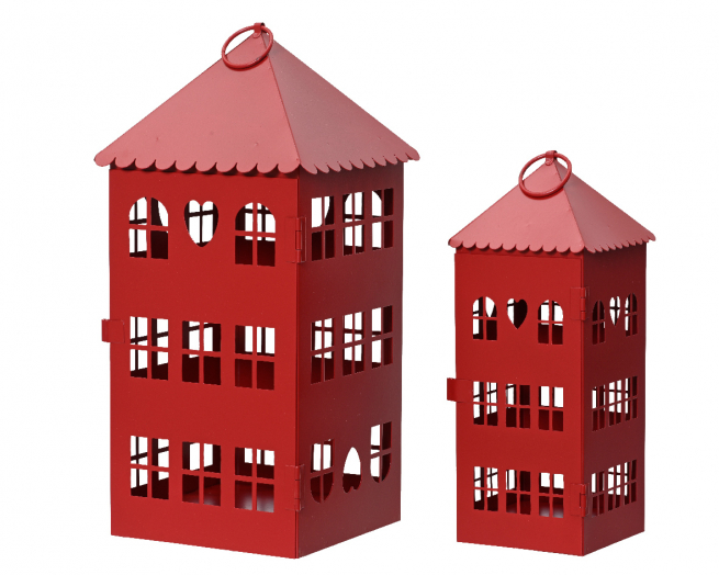 Lanterna in metallo rosso a forma di casa, altezza 30 cm