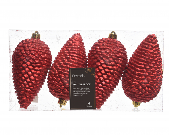 Addobbo pigna infrangibile rosso con glitter, altezza 12cm, confezione da 4 pezzi