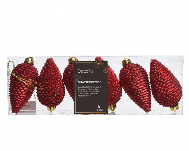 Addobbo pigna infrangibile rosso con glitter, altezza 8cm, confezione da 6 pezzi