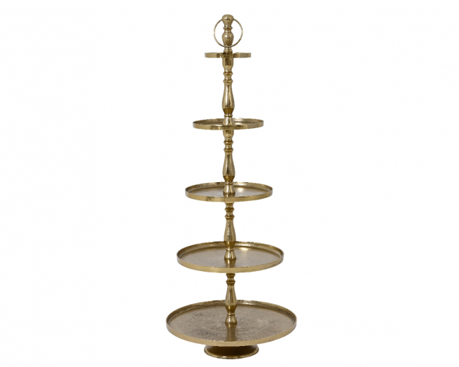 Alzata 5 piani in alluminio oro, diametro 61 cm, altezza 140 cm