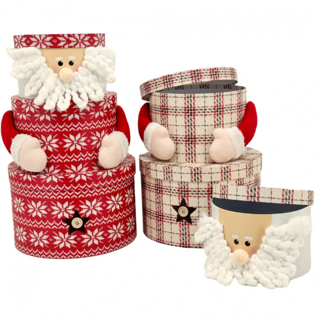 Scatola tonda in carta Babbo Natale, set da 3 pezzi, modelli assortiti