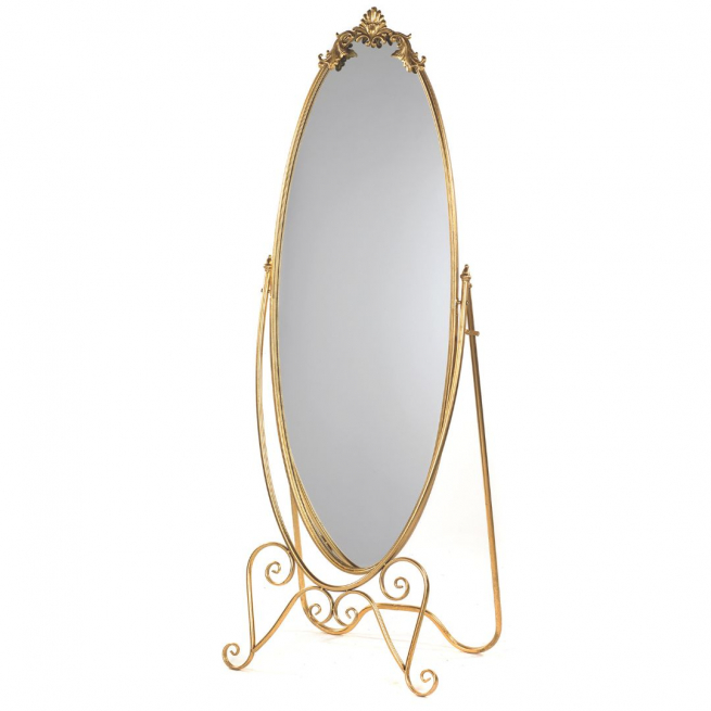 Specchio ovale con piedistallo oro,42x58 cm, altezza 164 cm