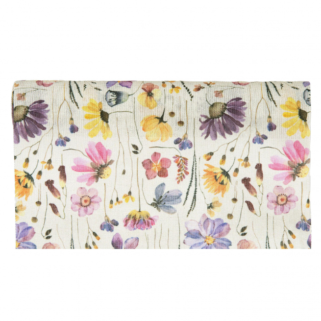 Runner in tessuto "Fiori in viola" fondo bianco, altezza 28 cm, lunghezza 3 metri