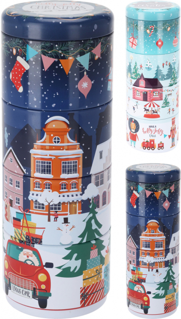 Barattolo in latta 4 piani, altezza 22 cm, soggetti natalizi assortiti