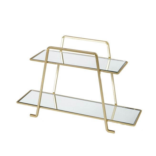 Alzata in metallo oro con 2 piani in vetro, altezza 23 cm