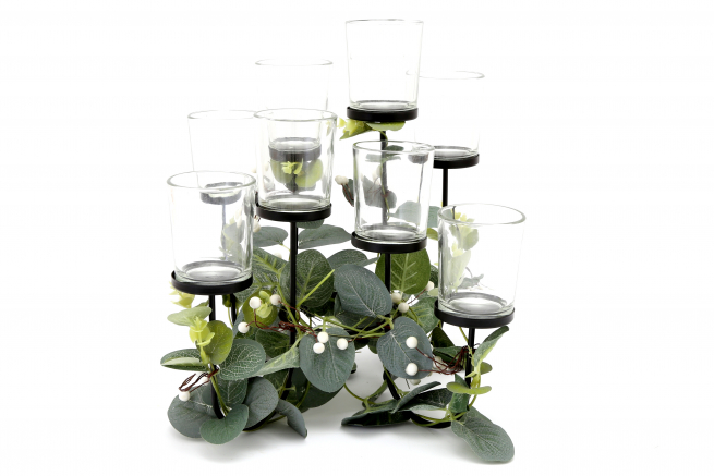 Portatealight 8 posti con base eucalipto, altezza 29 cm
