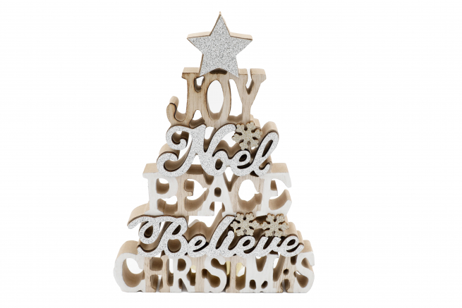 Albero di Natale di scritte in legno, altezza 24 cm