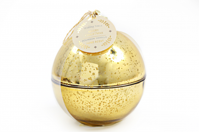 Sfera in metallo oro con candela profumata, diametro 12.5 cm