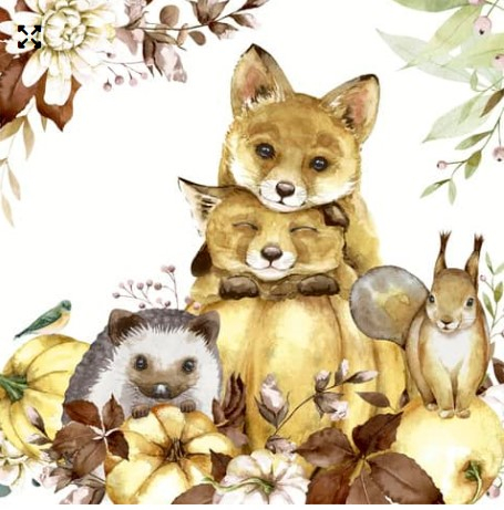 Tovagliolo di carta 3 veli fantasia motivo autunnale con animali , formato 33x33 cm, confezione da 20 pezzi