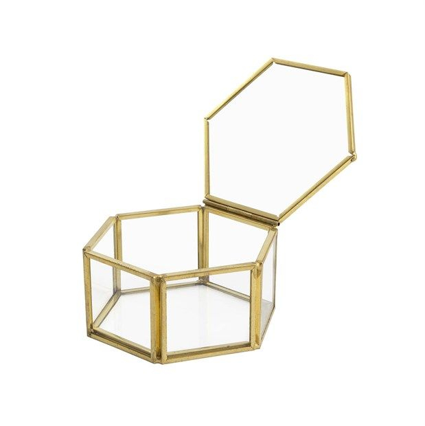 Portapianta "Terrarium" esagonale in vetro e metallo oro, diametro 8 cm, altezza 4 cm