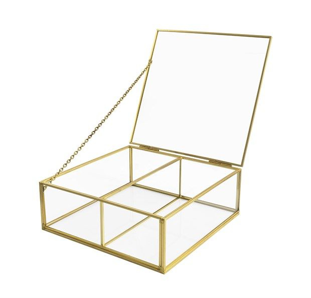 Portapianta "Terrarium" quadrato in vetro e metallo oro con divisorio, larghezza 16x16 cm, altezza 6 cm