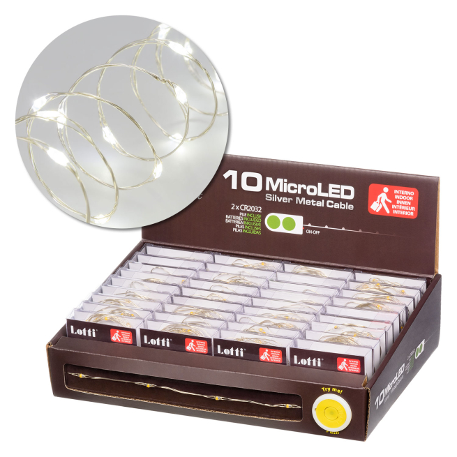 Filo lineare 10 microled a batteria, luce fredda fissa, filo in metallo, uso interno, lunghezza 1 metro