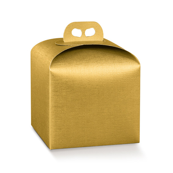 Scatola porta panettone in cartone oro con maniglia, 16x16x14 cm