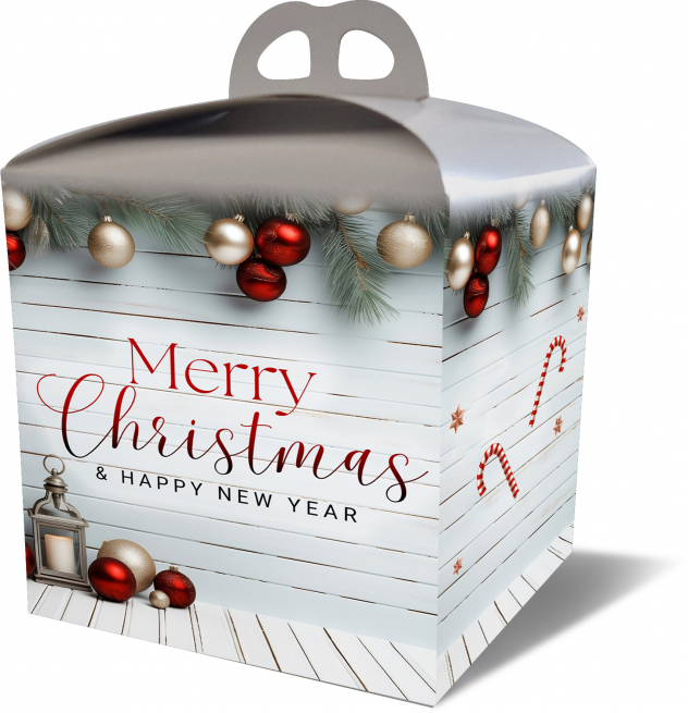 Scatola porta panettone in cartone fantasia natalizia, 24x24x18 cm, confezione da 50 pezzi