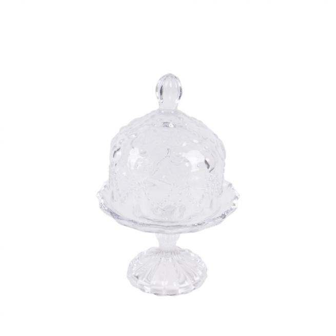 Alzata in vetro trasparente con cupola, diametro 11 cm, altezza 17.5 cm