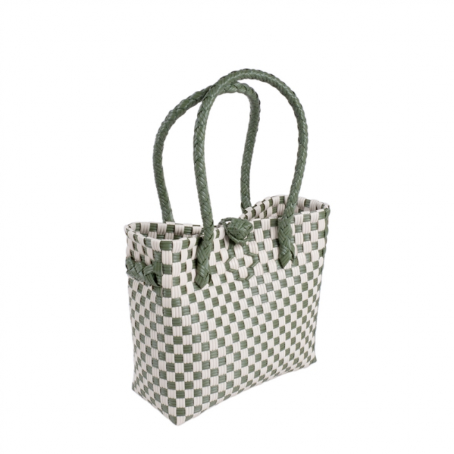 Borsa in plastica verde e bianca, 23x22 cm