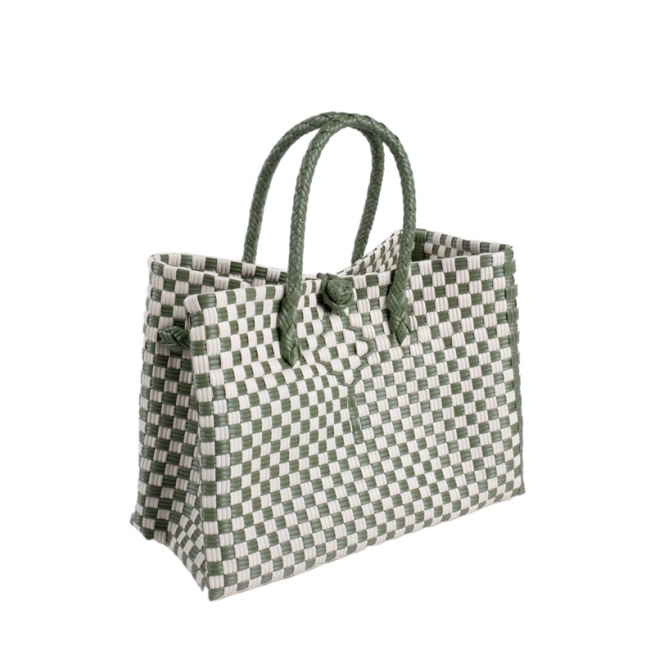 Borsa in plastica verde e bianca, 32x22 cm