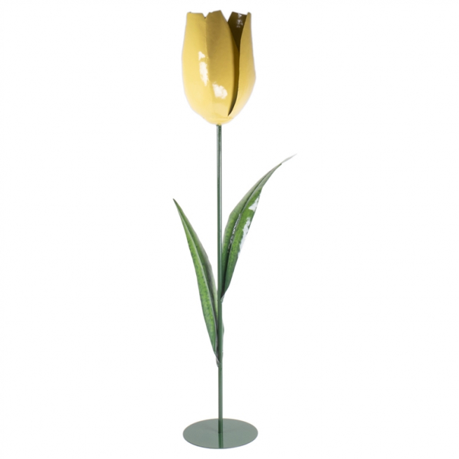 Fiore "tulipano" giallo in metallo con base altezza 121 cm