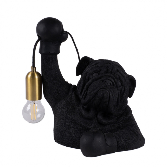 Portalampada in resina a forma di bulldog nero, altezza 32 cm