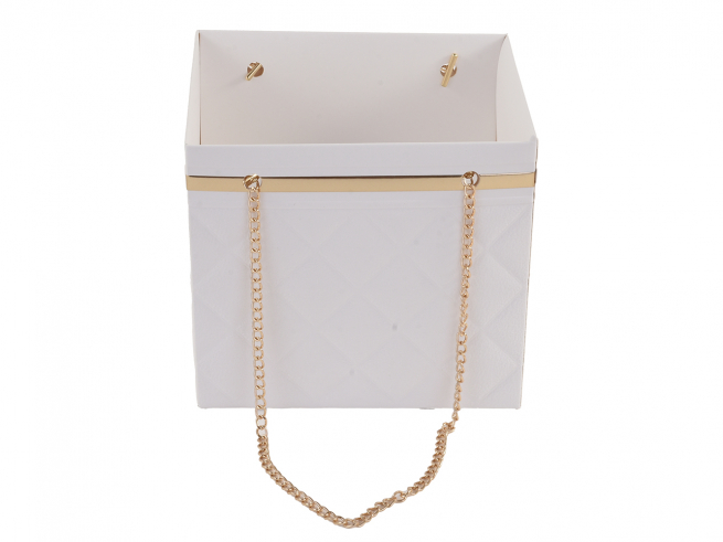 Shopper bianco plastificato con catenella in metallo, formato 16+12x15 cm, confezione da 10 pezzi