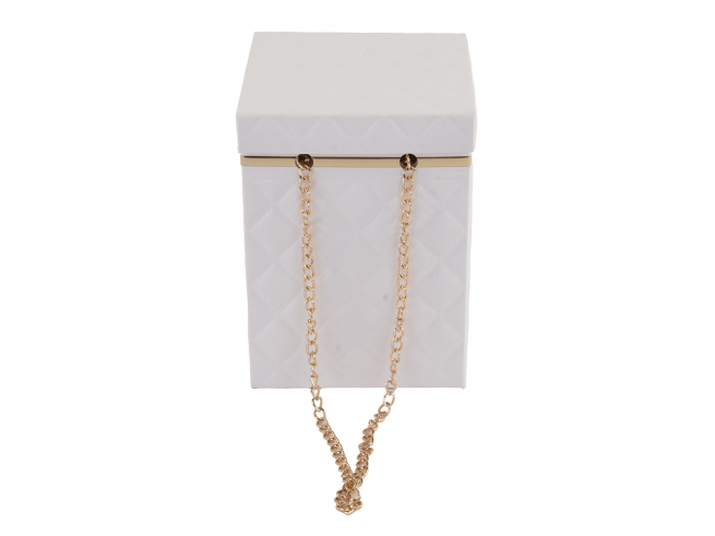 Shopper con coperchio bianco plastificato con catenella in metallo, formato 10+10x13 cm, confezione da 10 pezzi