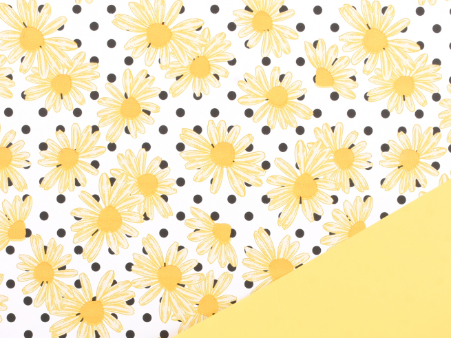 Bobina "Margueritte" in PPL fantasia fondo bianco pois, interno giallo, altezza 1 metro, lunghezza 25 metri