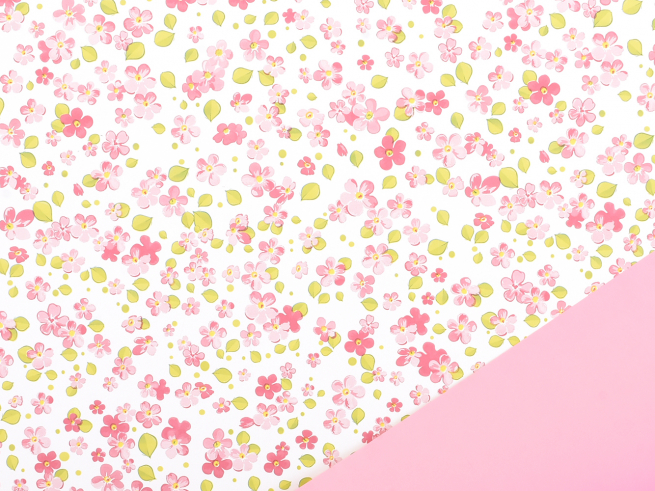 Bobina "Myosotis" in PPL fantasia fondo bianco, interno rosa, altezza 1 metro, lunghezza 25 metri