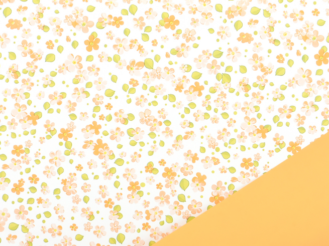 Bobina "Myosotis" in PPL fantasia fondo bianco, interno arancio, altezza 1 metro, lunghezza 25 metri