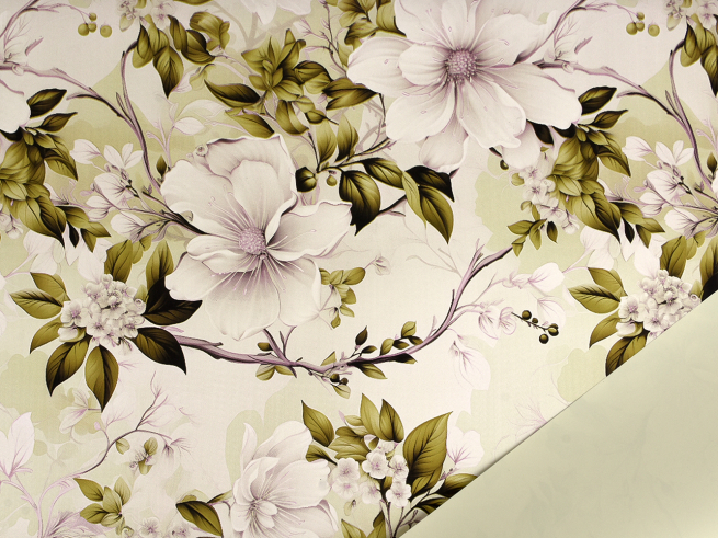 Bobina "Celestial" in PPL fantasia fondo bianco, interno verde salvia, altezza 1 metro, lunghezza 25 metri