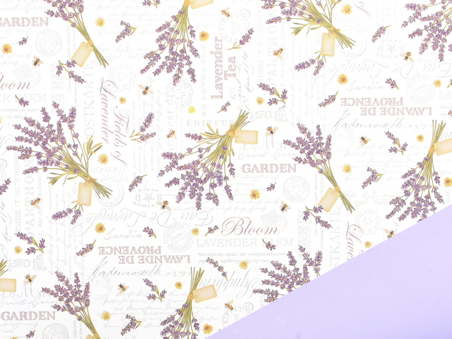Bobina "Eau De Lavande" in PPL fantasia fondo bianco, interno lavanda, altezza 1 metro, lunghezza 25 metri